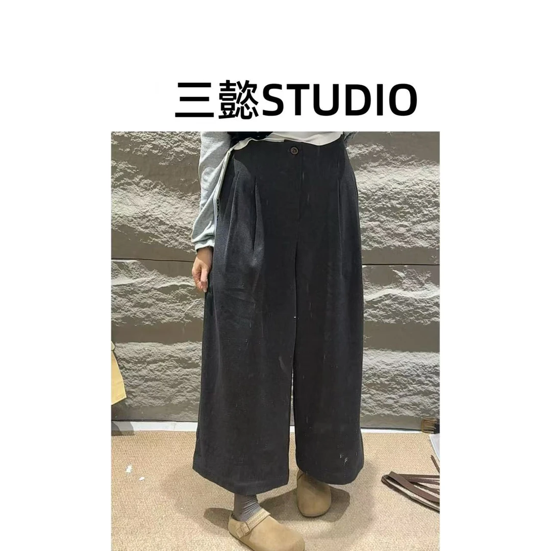 【三懿服饰】秋季九分高腰显瘦阔腿复古毛呢休闲裤-1266
