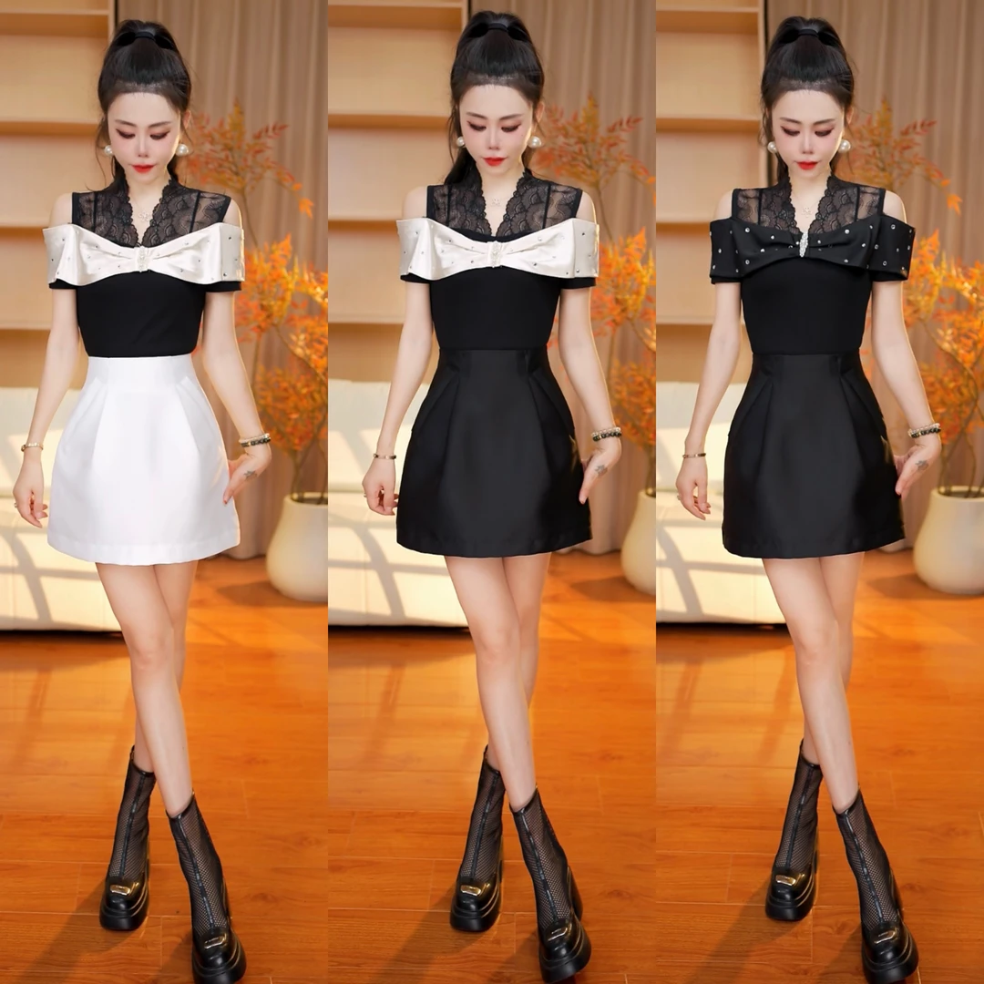 芮泥坊 2025常规款夏装钉珠女神拼接T恤常规名媛短袖6835