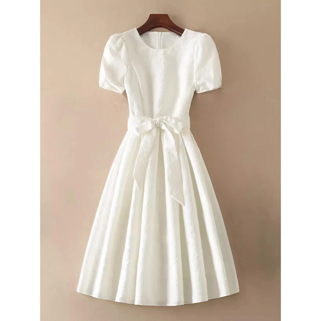 高级感法式白色简约圆领收腰连衣裙夏9771