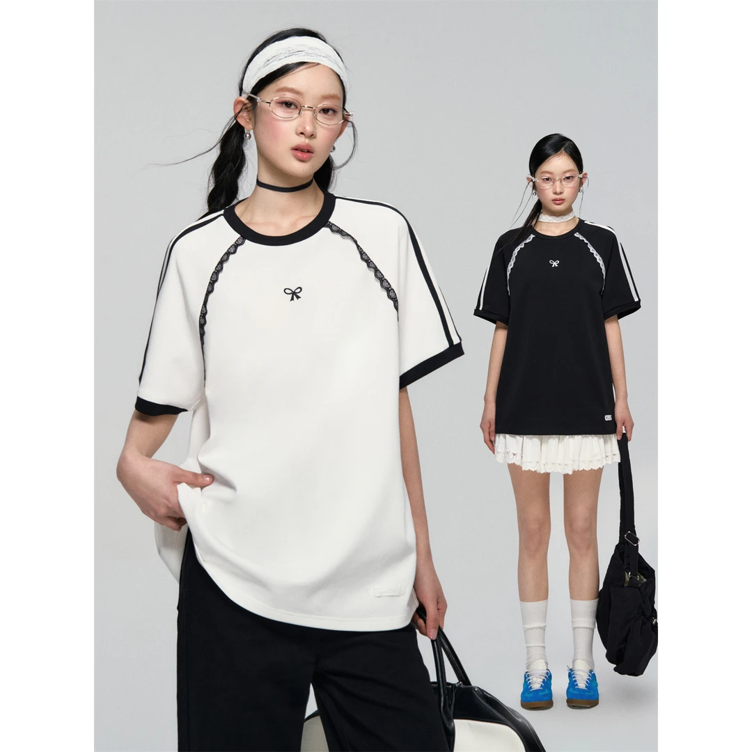 AsGony 撞色织带蕾丝刺绣蝴蝶结短袖T恤女美式运动风百搭针织上衣