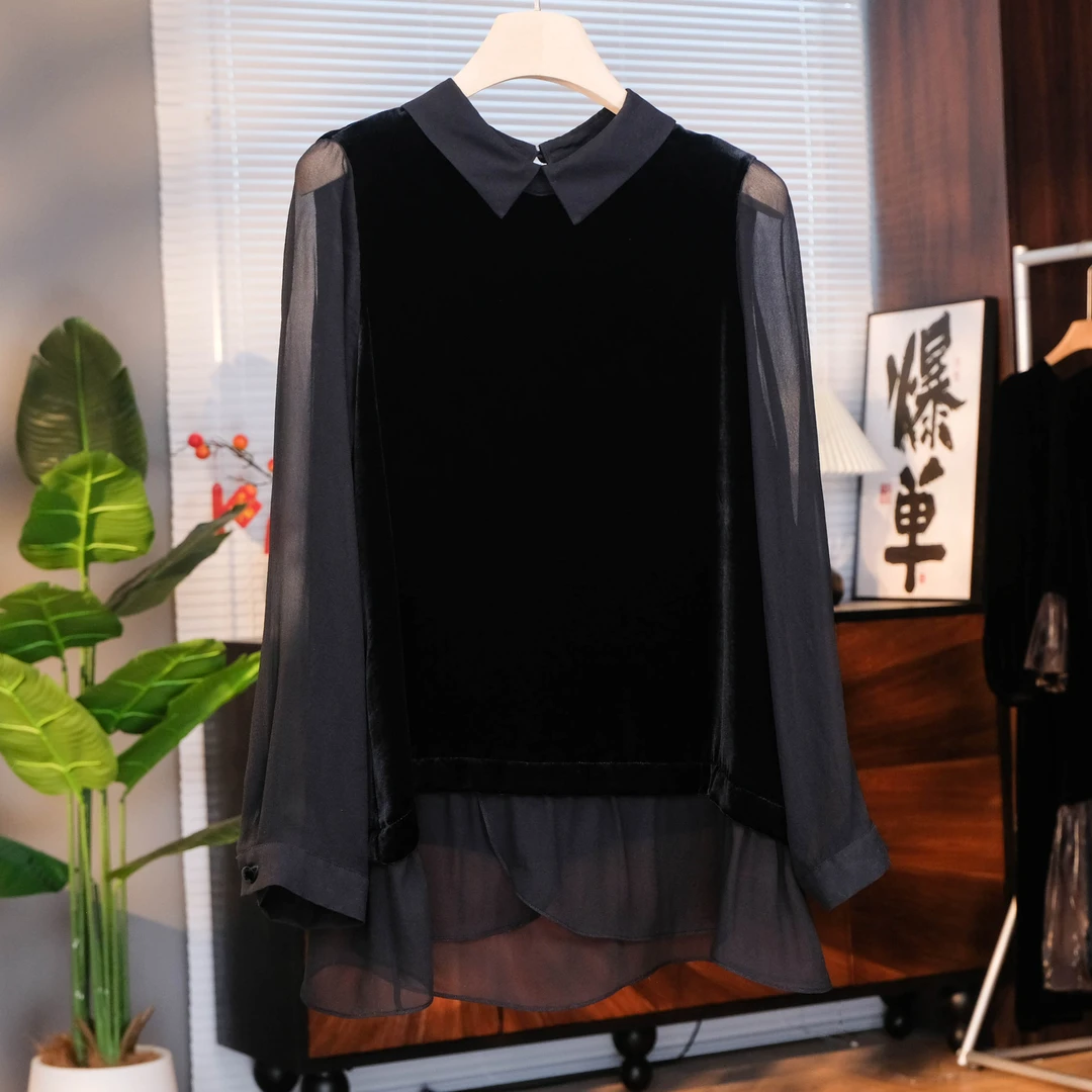 真丝丝绒拼乔其纱上衣女夏季新款气质显瘦衬衫