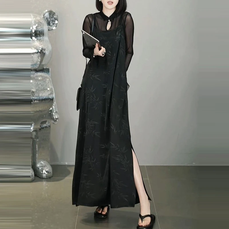 夏季新款新中式国风网纱上衣印花法式吊带连衣裙女高级感复古套装