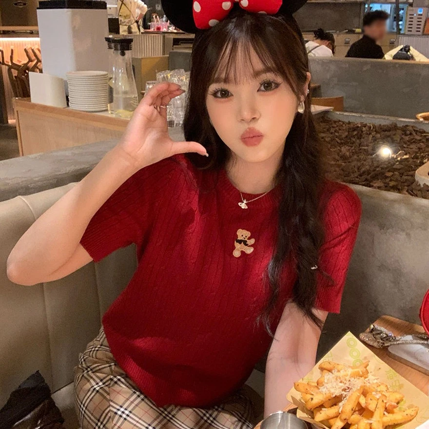红色针织短袖t恤女2025新款开春韩系穿搭小熊刺绣毛衣内搭打底衫