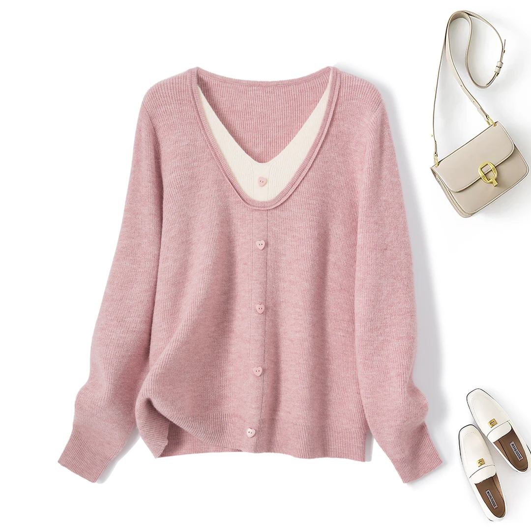 2025秋冬新款胖mm大码撞色拼接假两件针织衫慵懒风宽松毛衣69369