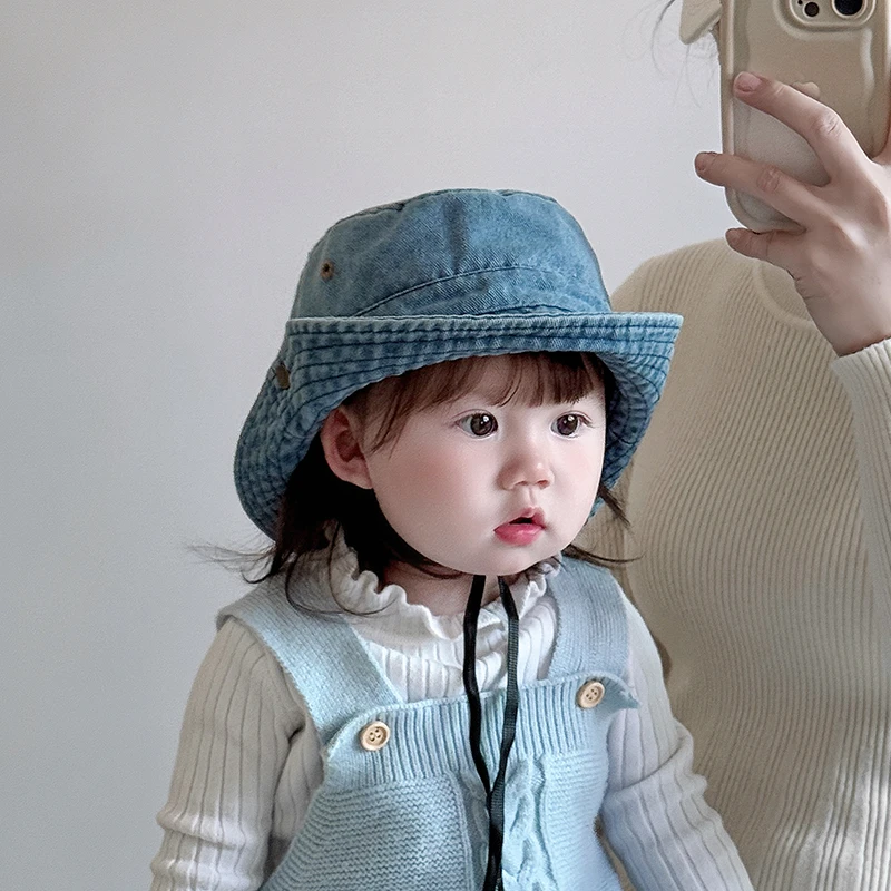 儿童帽子春夏款牛仔渔夫帽洋气男女宝宝出游遮阳帽防晒帽大檐盆帽