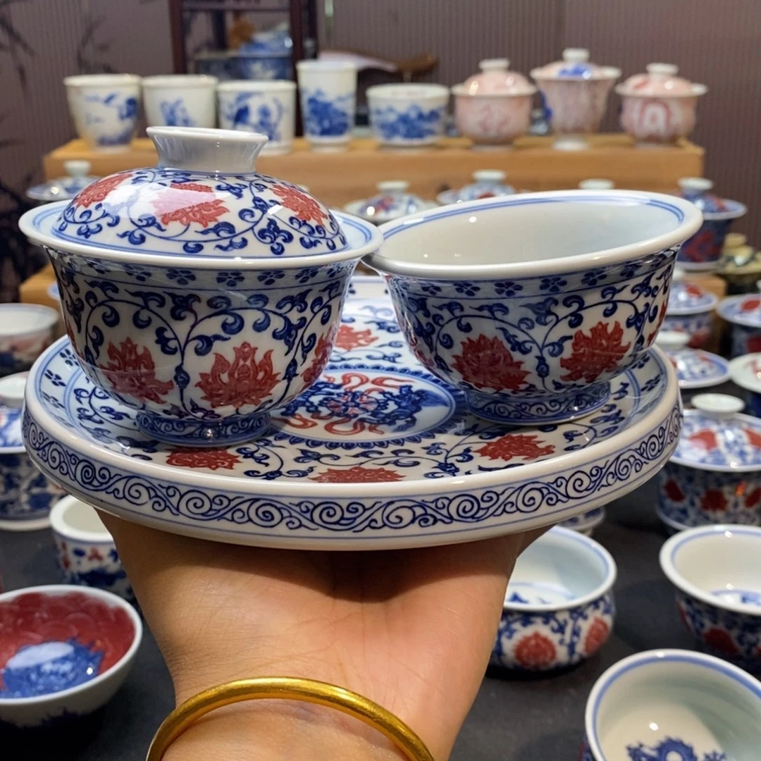 春***味缠枝莲釉里红三件套手绘原矿