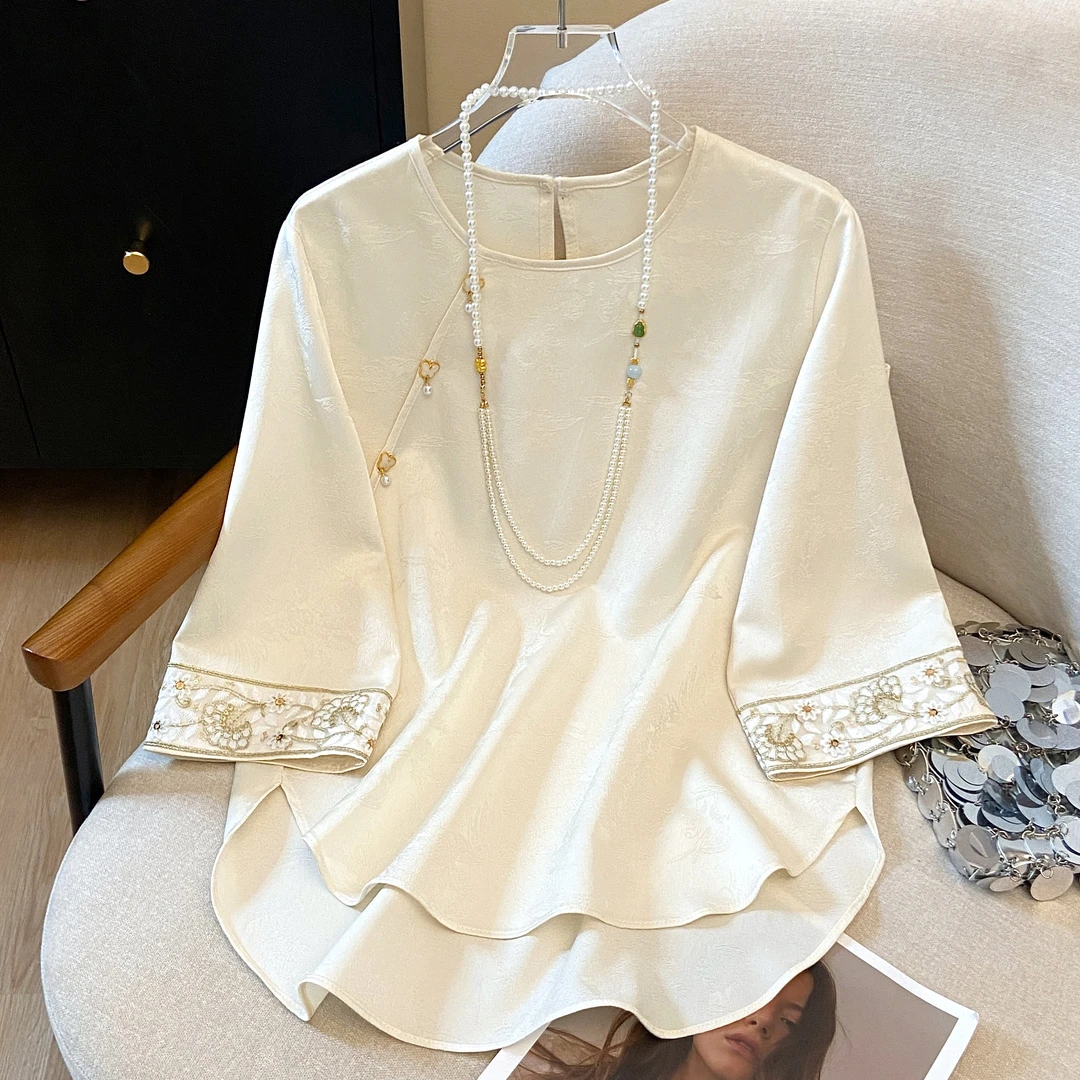 2025新款夏季复古国风新中式缎面提花设计感刺绣高级感衬衫上衣女