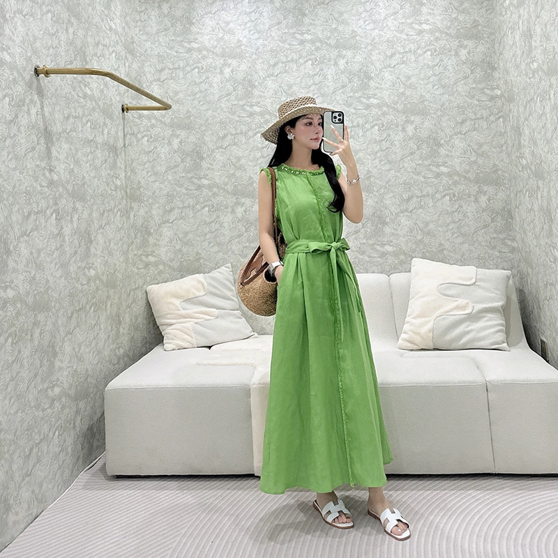 亚麻绿色森林穿搭独特海边度假风连衣裙子夏天氛围小裙子22371