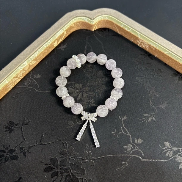 【藤萝紫】天然水晶紫兔毛蝴蝶结手串11mmW392