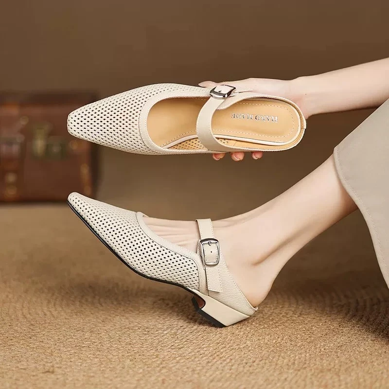 浅口镂空方头法式防滑中跟单鞋夏季低跟粗跟包头复古气质软底7007