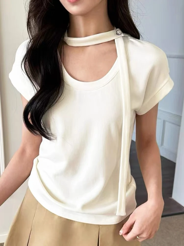飘带u领短袖t恤女2025新款日常舒适夏季女装洋气欧货潮时髦上衣服