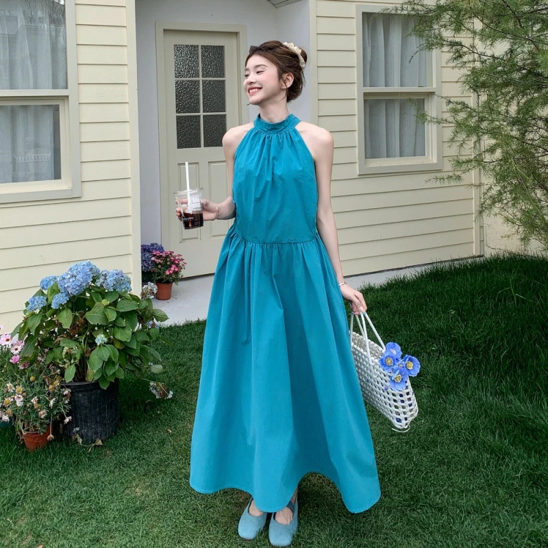 实拍韩系挂脖露背系带收腰连衣裙新款气质减龄显瘦a字长裙