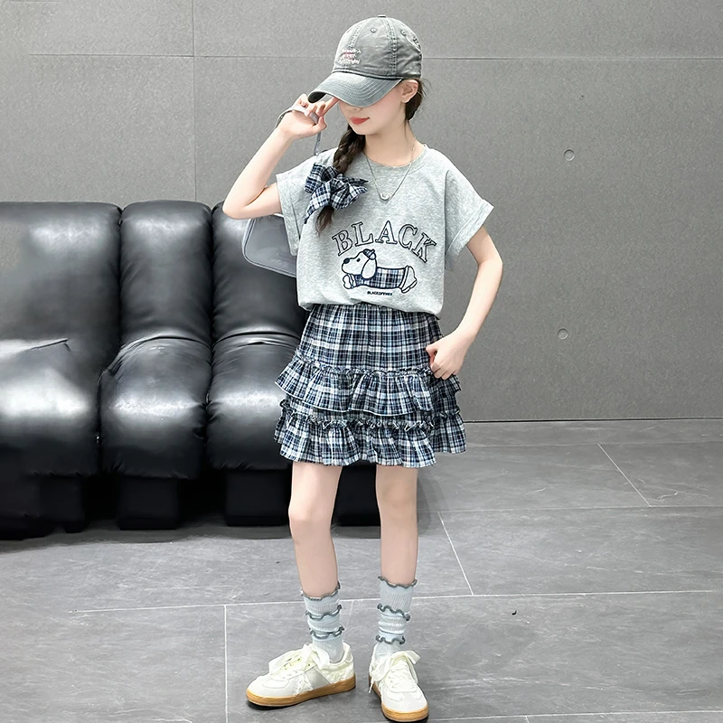 女童短袖T恤套装夏季2025新款潮儿童休闲夏装女孩格子短裙两件套