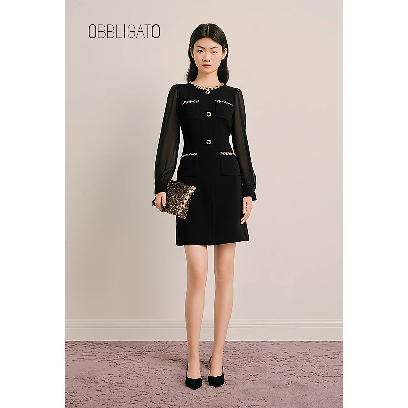 OBBLIGATO奥丽嘉朵1C65105160专选2025早春新品钉钻纱袖连衣裙