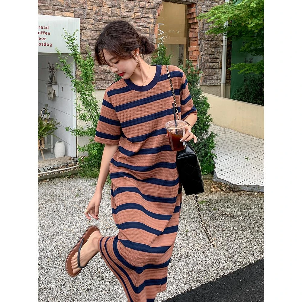 法式肌理感条纹连衣裙女夏2025新款韩系休闲宽松减龄洋气T恤裙