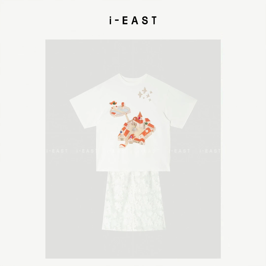 i-EAST QQ 红房子~下摆蕾丝两件套长款T恤-5X SY8789