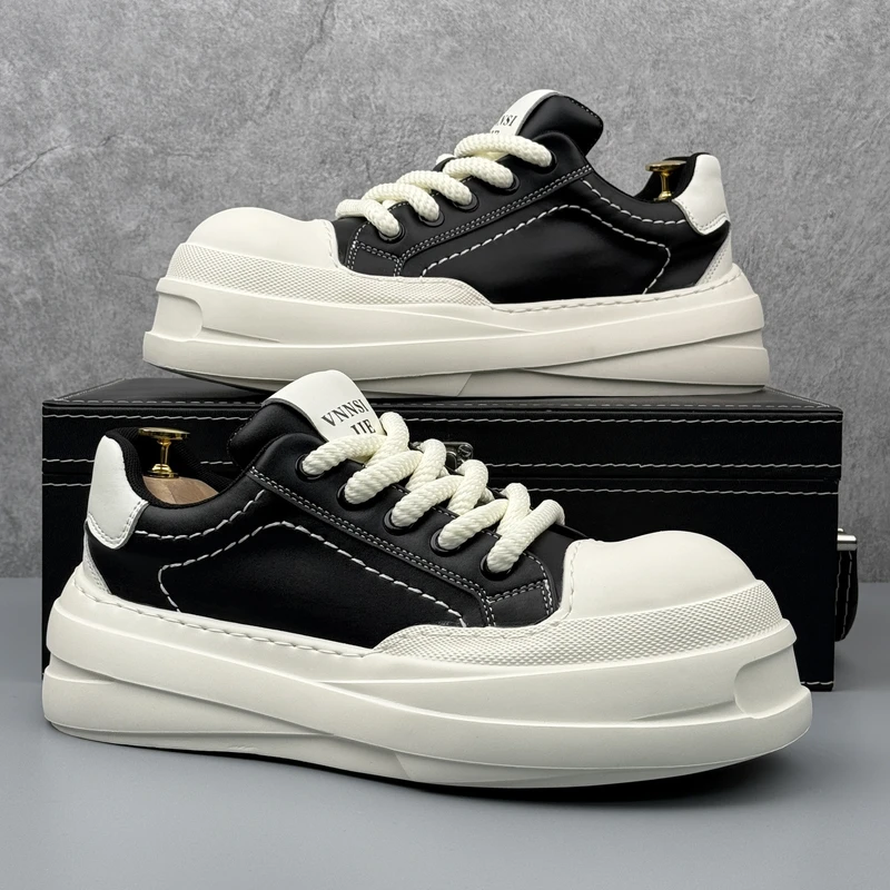 丑萌大头鞋2025新款简约皮面厚底增高休闲鞋时尚潮流内增高男鞋