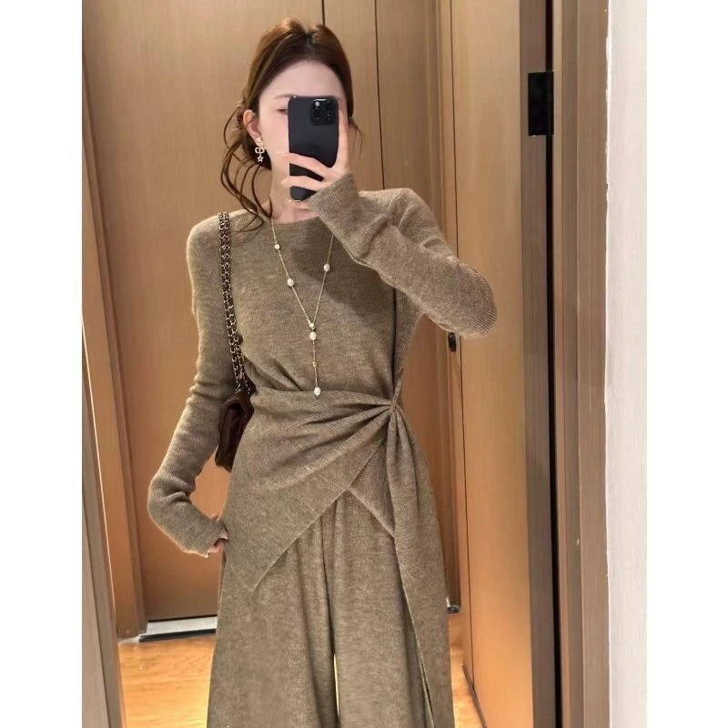 慵懒收腰显瘦针织上衣+裤裙套装秋冬新款气质百搭长袖上衣毛衣女