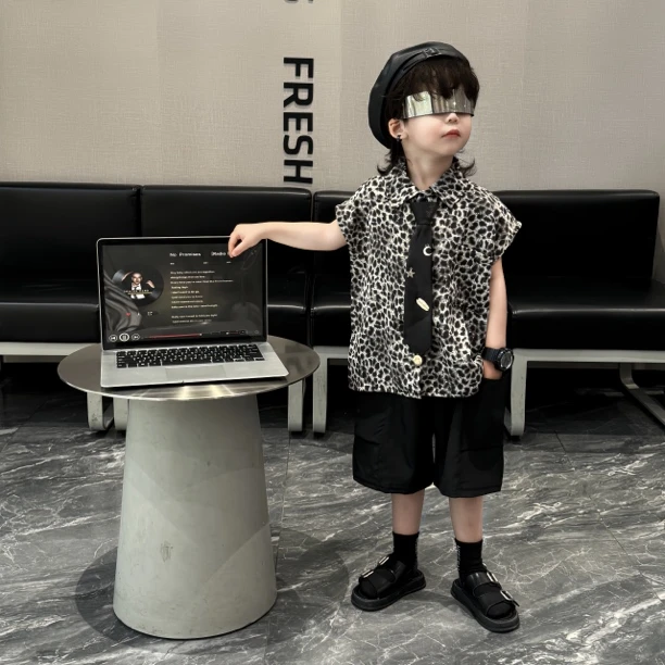 “向子妈】豹纹日系极简儿童”衬衫➕短款➕领带超值宠粉！【身高加10拍