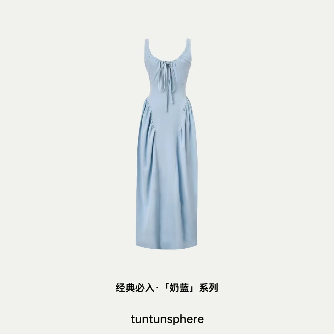 【坨坨耶】vacation 凉感宝宝蓝 少女设计感U领吊带收腰连衣裙