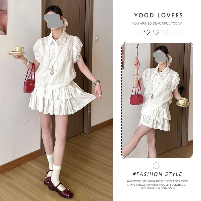 小个子气质甜美花苞袖衬衫蛋糕短裙女装2025夏季新款辣妹时尚套装