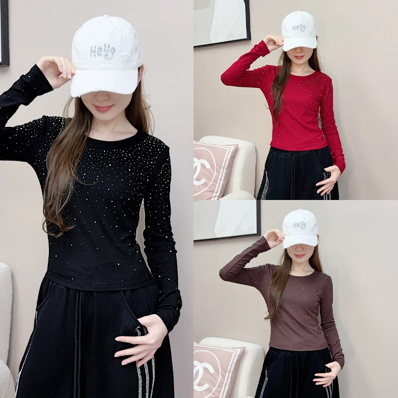 纤伽【漫天星/新款】广场舞烫钻长袖圆领韩版女时尚打底衫T恤常规