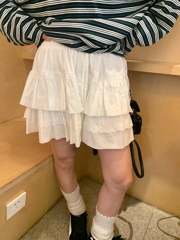 白色蕾丝蛋糕裙半身裙女高腰显瘦小个子a字裙公主蓬蓬裙短裙#6612