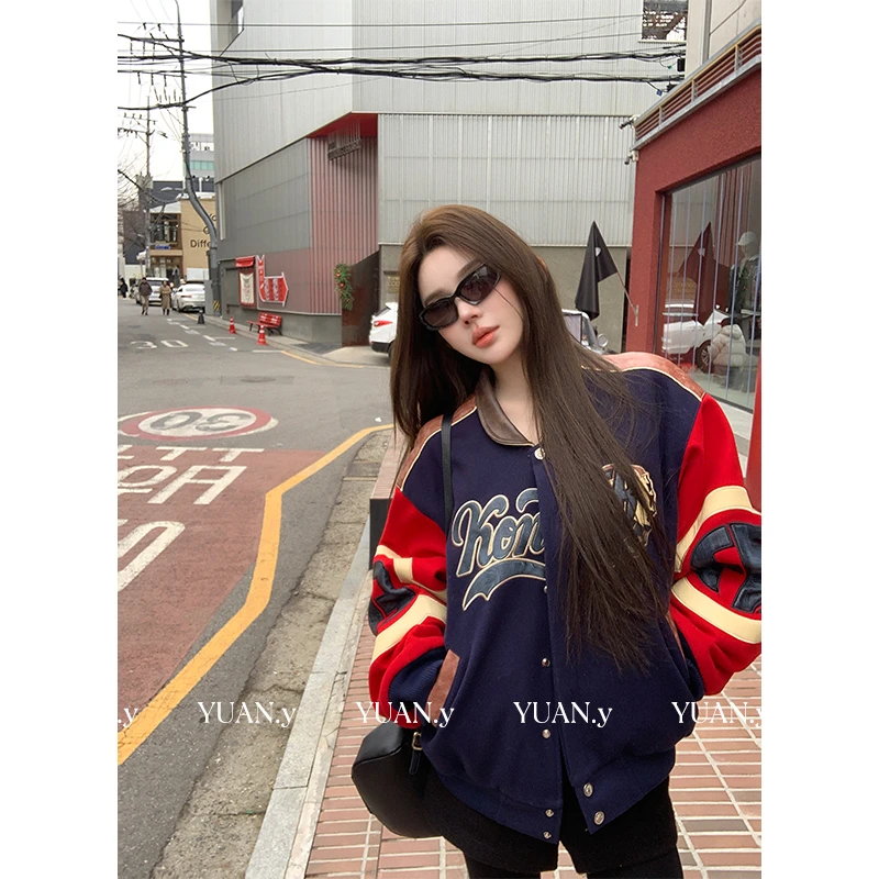 媛媛【美橄校队】美式复古撞色拼接宽松棒球服外套休闲夹克女#W1020