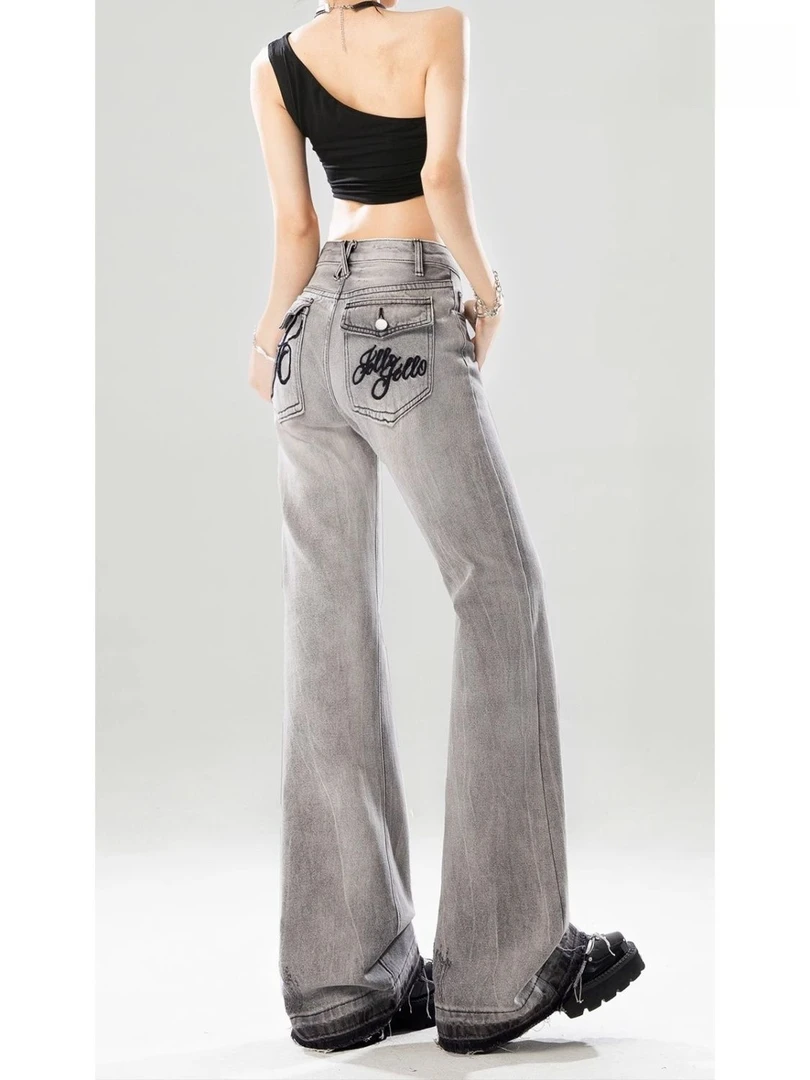 磨破低腰微喇牛仔裤女爆款2025新款辣妹毛边刺绣修身显瘦喇叭裤子