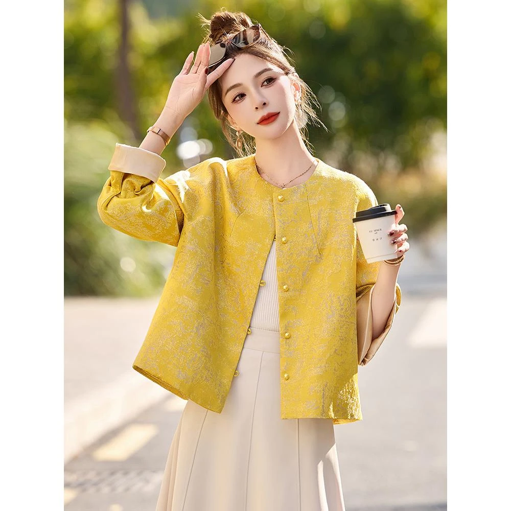 新中式提花短款女装外套女春季古风新款气质宽松高端唐装国风上衣
