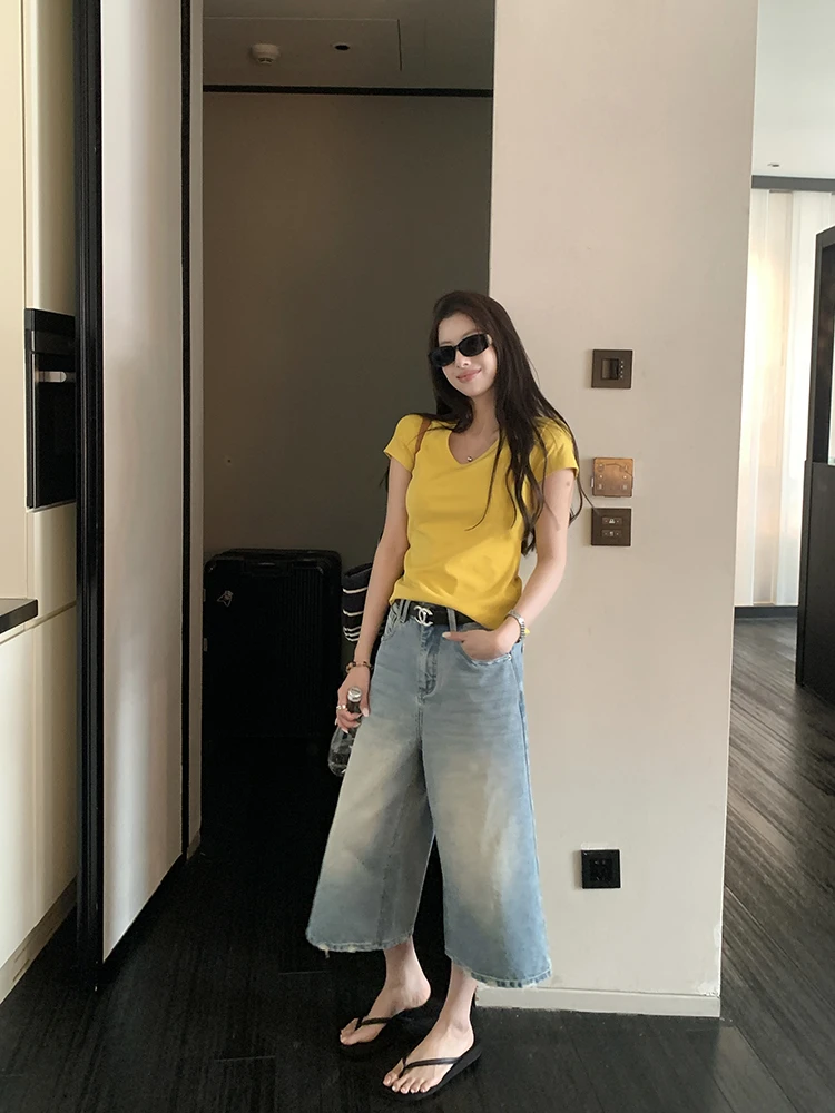 EKOOL衣库 轻柔韩系V领短袖T恤女夏季小个子百搭显瘦圆领纯色上衣