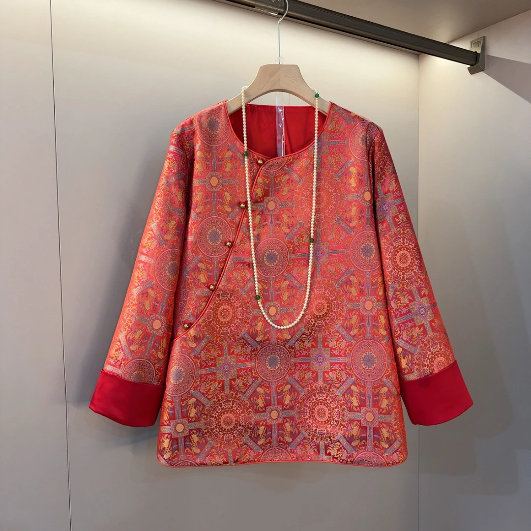 新中式盘扣新款洋气圆领拼接袖口女人范提花工艺显瘦上衣衣长68