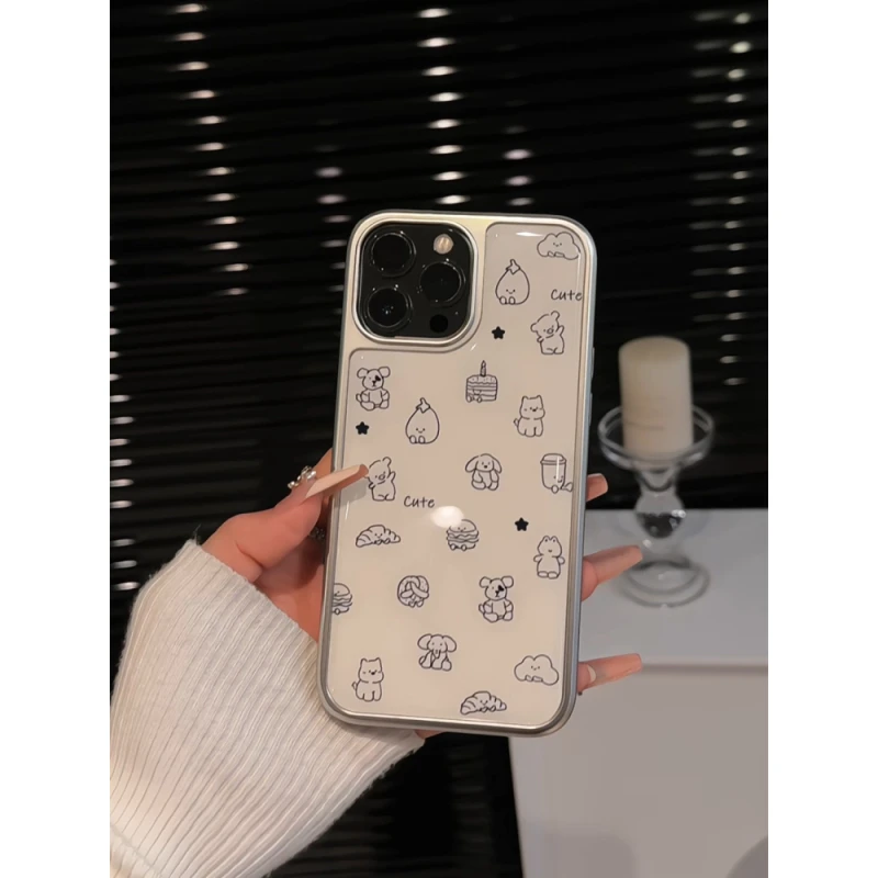 适用苹果16pro电镀大孔相框卡通手机壳jallycat玩偶涂鸦线条华为p