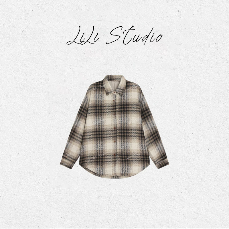 PCNY不理理“旧榭织锦”时尚百搭复古格纹毛呢衬衫式外套