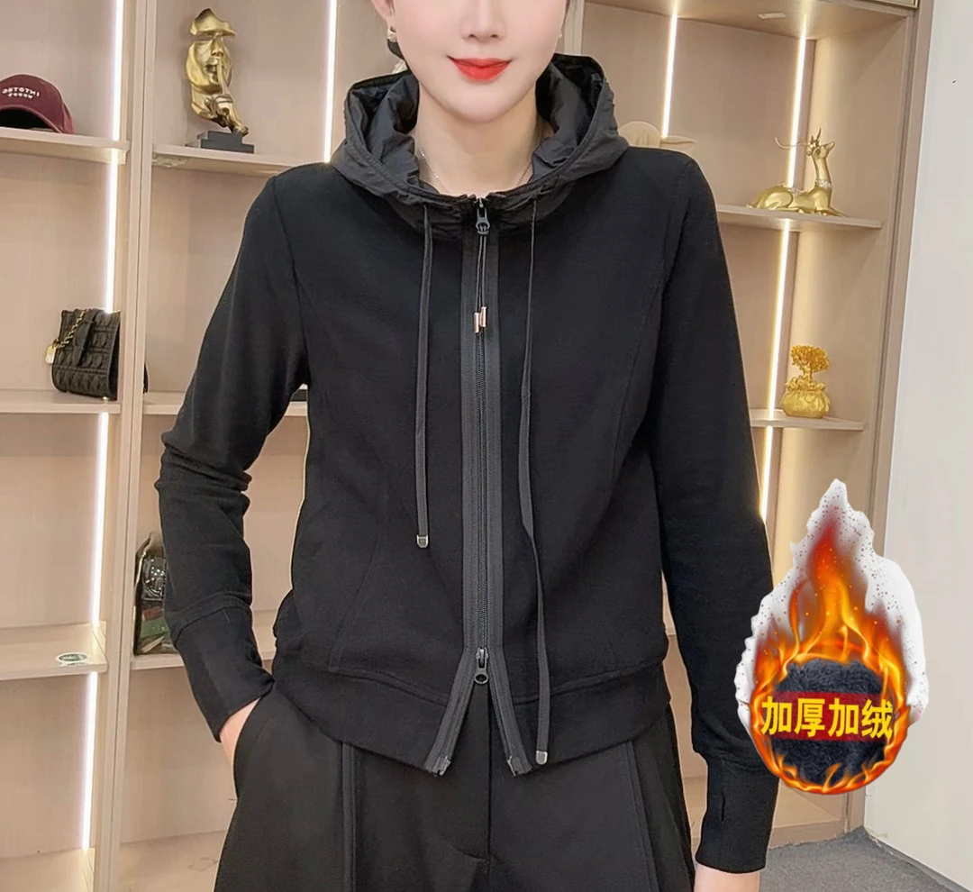 保暖加绒拉链卫衣时尚抽绳短款连帽加厚上衣秋冬百搭款女士上衣