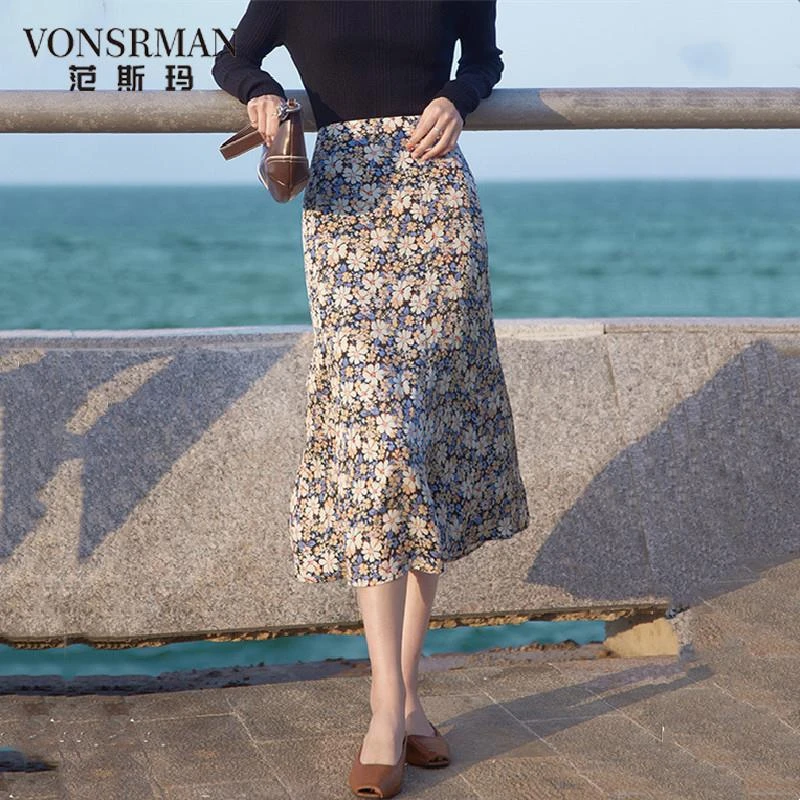 法式碎花半身裙女夏季2025新款高腰显瘦a字优雅气质中长款鱼尾裙a