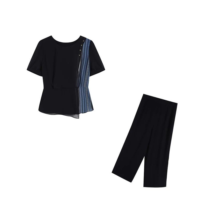 藏青色上衣+长裤减龄两件套套装阔腿气质夏装夏季黑色显瘦