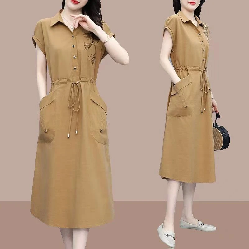 23早秋新款时尚连衣裙长款2025夏秋大码宽松洋气妈妈衬衫长裙