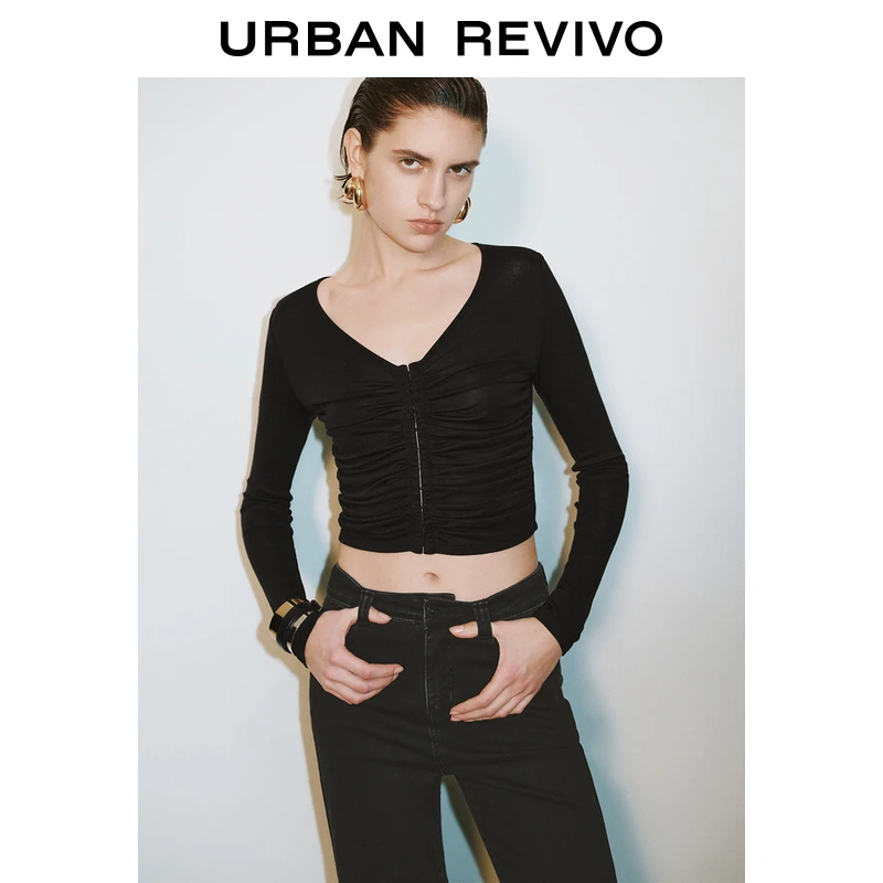 UR2025春季新款女装欧若风氛围感修身褶皱V领长袖T恤UWG450029
