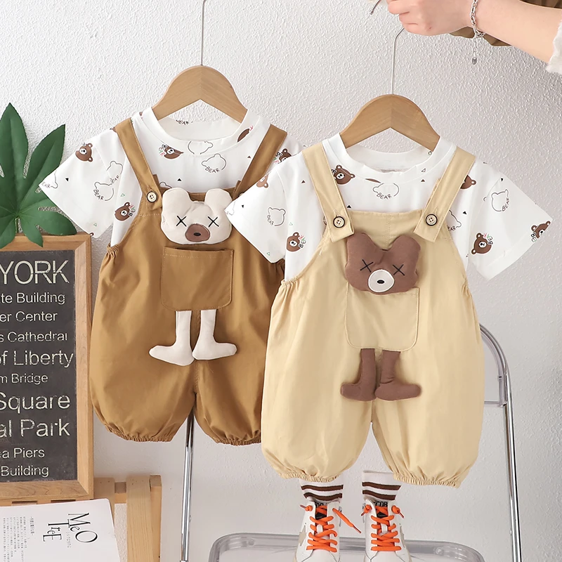 男宝宝夏季休闲韩版卡通短袖套装1-3-4岁2婴儿小童背带裤两件套潮