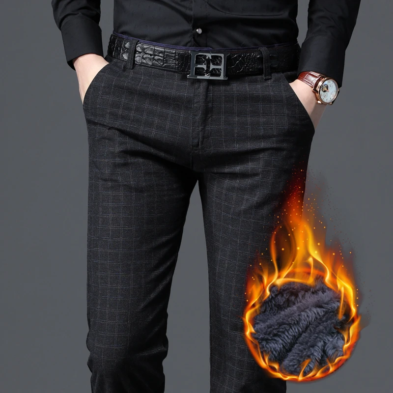 保登皮兹加绒男士休闲裤韩版潮流修身直筒格子商务长裤秋冬加厚