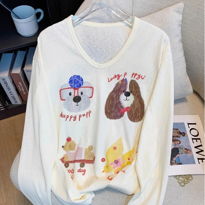 日系卡通印花长袖T恤女2025新款慵懒风宽松休闲罩衫上衣