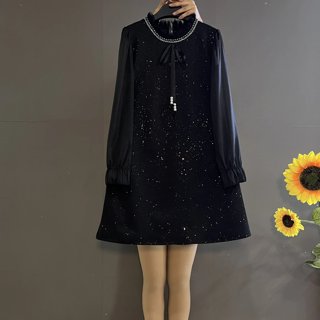 新款大码女装法式小香风圆领拼接雪纺袖遮肉显瘦连衣裙