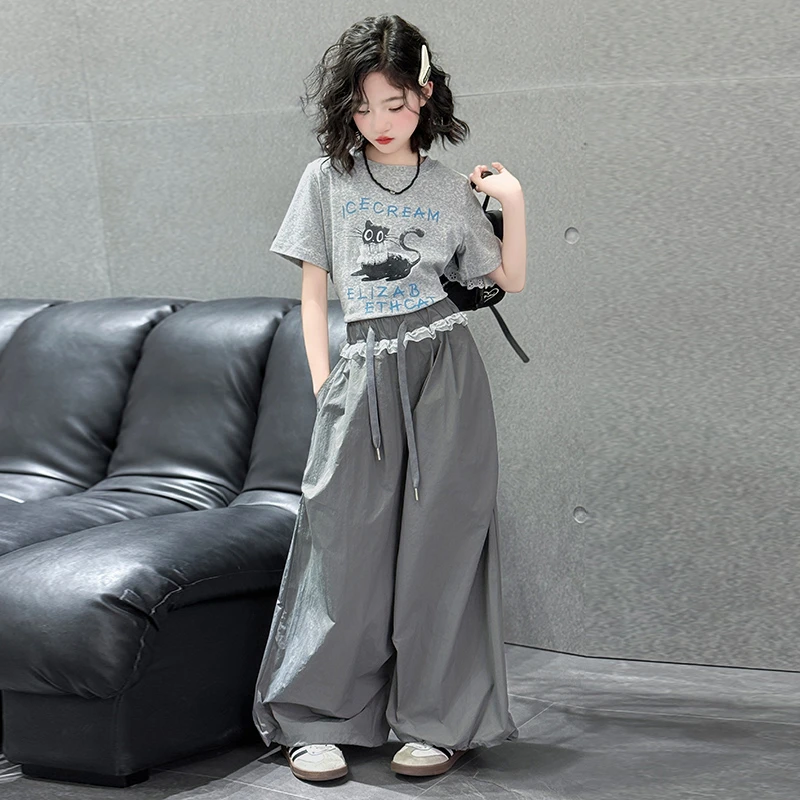 女童夏季套装2025新款洋气大童短袖T恤夏装儿童花边阔腿裤两件套