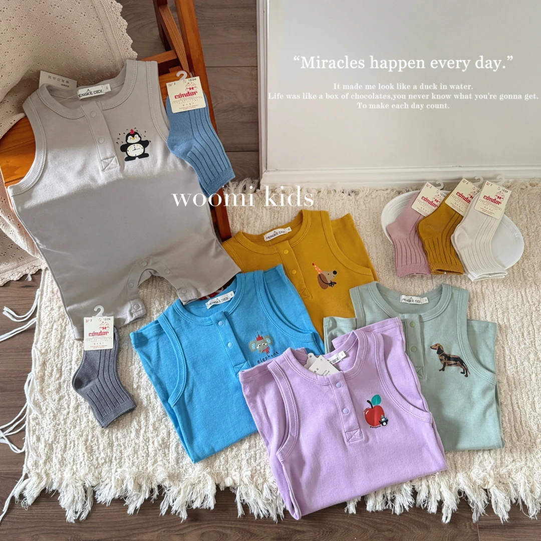 woomi·MENGKE系列·宝宝夏季多巴胺色系卡通背心套头爬服连体衣