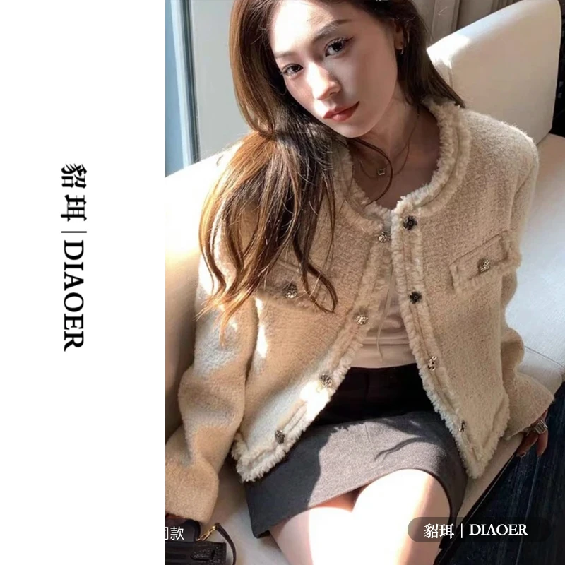 DIAOER/貂珥【千金风】白色小香风外套女装 2024新短款粗花呢加厚款