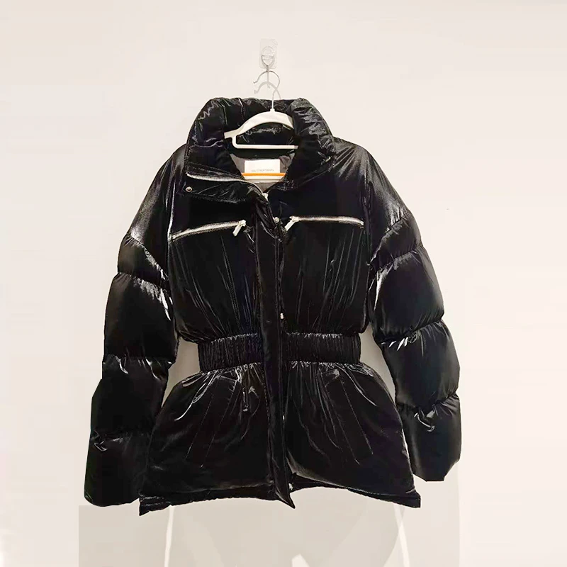 JIAXINXQING秋冬新品黑色羽羽丝绒中长款黑巧时尚短外套设计款