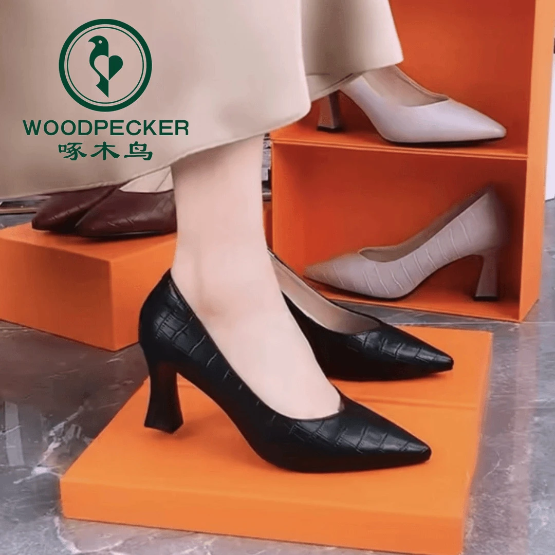 啄木鸟女鞋2025夏季新款高跟鞋百搭职业工作鞋尖头时尚粗跟单鞋女
