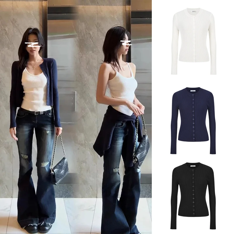 Moses Queen/魔西女王藏青色纽扣开衫针织衫内搭叠穿吊带背心夏季