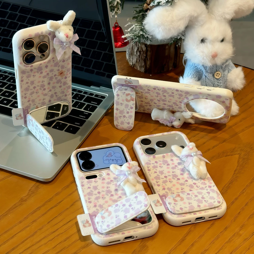 欧克里里紫碎花兔公仔支架适用苹果17/16手机壳华为小米15vivoppo
